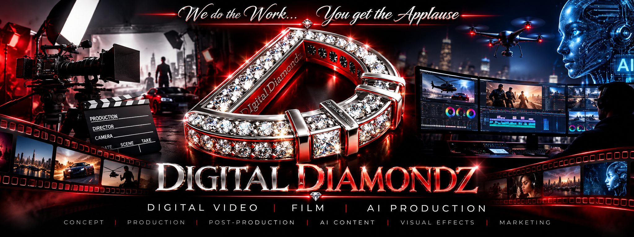 Digital Diamondz banner: We do the Work… You get the Applause. A cinema camera and clapperboard, the diamond D logo, an edit bay, drone and AI. Concept, production, post-production, AI content, visual effects, marketing.