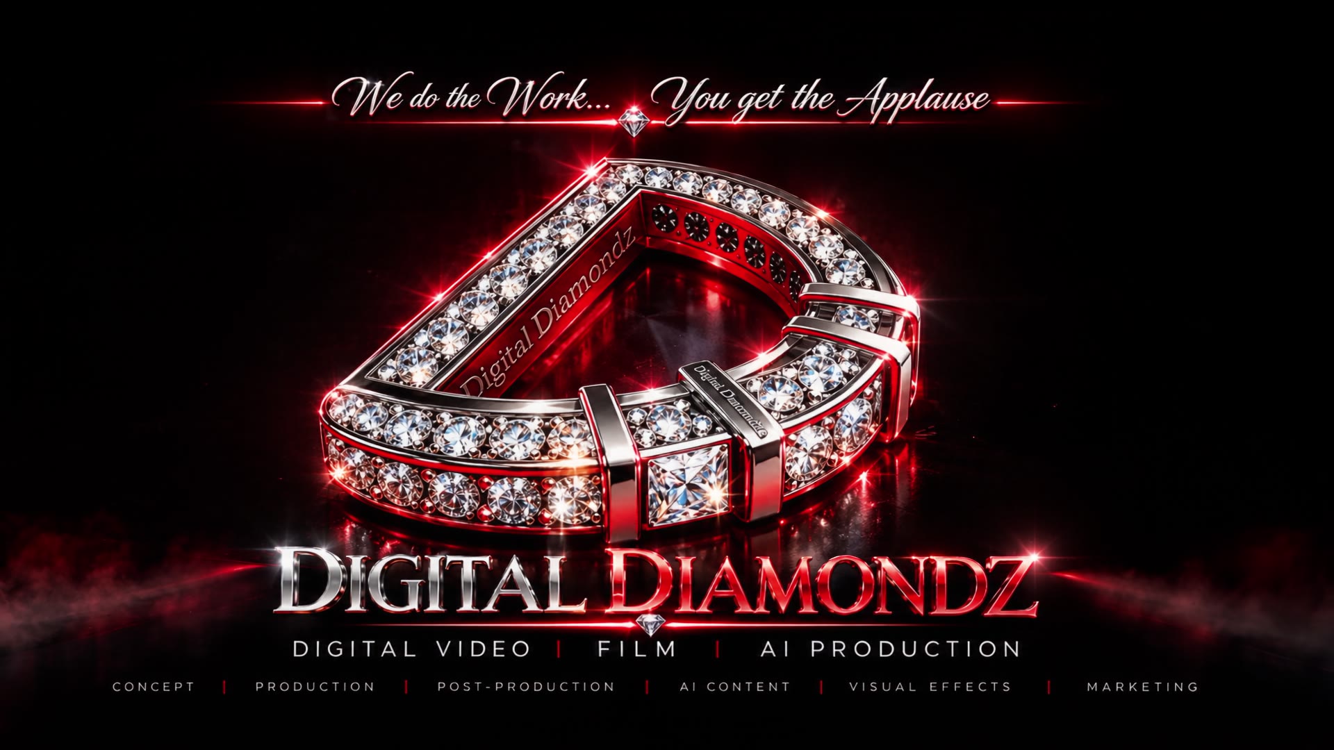 Digital Diamondz logo: a diamond-studded letter D. We do the Work… You get the Applause. Digital video, film, AI production.